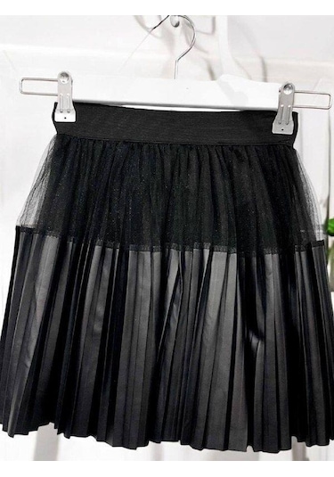Kız Çocuk Piliseli Deri Tüllü Etek-14835 Siyah