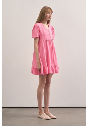 Mathilda Store Kadın V Yaka Linen Elbise