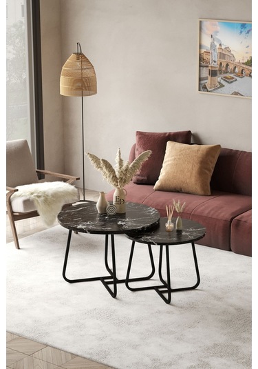 Üsküp Orta Sehpa Takımı Siyah Metal - Siyah Mermer Tabla