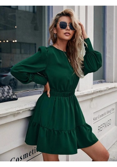 Kadın Uzun Kollu Bisiklet Yaka Beli Lastikli Fırfırlı Ithal Krep Elbise Yeşil