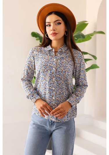 Kadın Çiçek Desenli Uzun Kollu Gömlek Rahat Kesim, Hafif Ve Nefes Alabilen Kumaş, Günlük Mavi