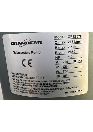 Grandfar Gpe757 Drenaj Pompası Elektrot Flatörlü- 750 Watt