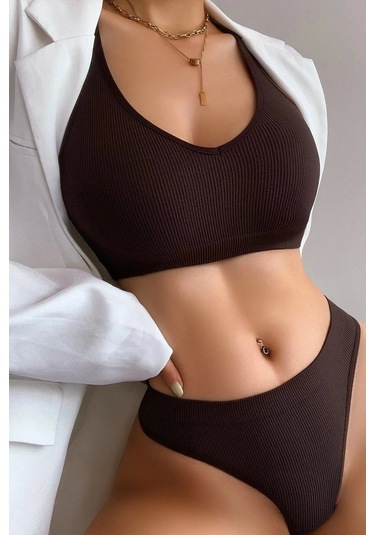 Kadın Kahverengi Desteksiz Seamless Tangalı İç Çamaşır Takımı Çok Renkli