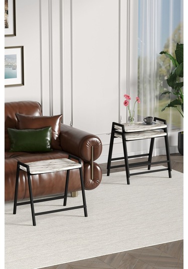 Zigon Sehpa , Aden 3'lü Tepsi Zigon Sehpa Takımı Siyah Metal - Beyaz Mermer Tabla Siyah-beyaz Mermer