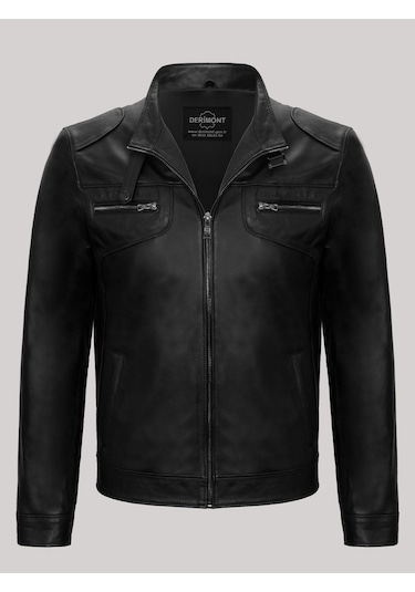 Hakiki Kuzu Derisi Fermuarlı Erkek Deri Mont Siyah Siyah