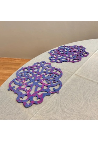 Uretti - Gülin 6449 - Ebru Sanatı İle Elde Yapılmış Lazer Kesim Keçe Supla 2li Takım 40cm - Mor Mor