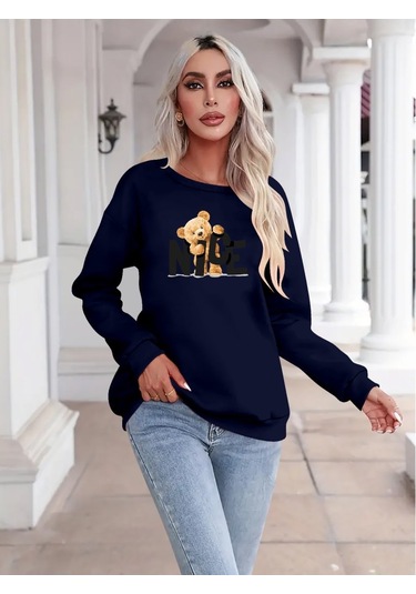 Supplierby Kadın Uzun Kollu Bisiklet Yaka Viskon Iki Iplik Bluz Lacivert