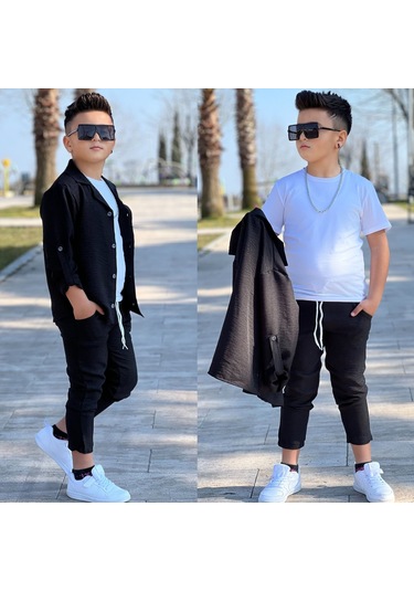 Modavals Kol Katlamalı Keten Gömlek & Beli Lastikli Keten Pantolon & Pamuklu Tshırt & Zincir Aksesuar 4lü Keten Erkek Çocuk Takım Siyah Modavals Kol Katlamalı Keten Gömlek & Beli Lastikli Keten Pantolon & Pamuklu Tshırt & Zincir Aksesuar 4lü Keten Erkek Çocuk Takım Siyah