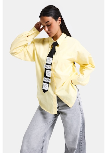 Itsbasic Kadın Sarı Renk Oversize Kravatlı Özel Tasarım Bol Kesim Gömlek