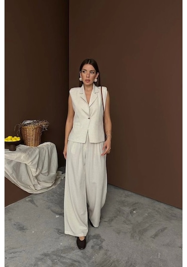 Bej Keten Yelek Pantolon Takım Bej