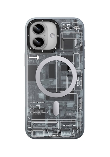 İphone 16 Uyumlu Kılıf Magsafe Şarj Özellikli Youngkit Technology Serisi Kapak Gri