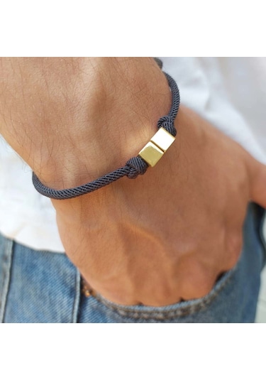 Altınbeyı İki Küplü Lacivert İpli Altın Erkek Bileklik 14 Ayar Sarı Altın