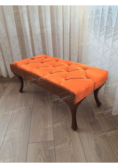 Kapitoneli Ayak Ucu Kapı Önü Antre Bench Puf Ceviz Ayak 90 45 Turuncu