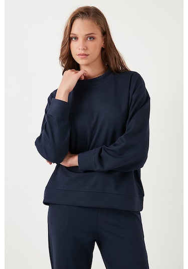 Lela Streç Bisiklet Yaka Oversize Fit Scuba Bayan Sweat 5865879 Lacivert