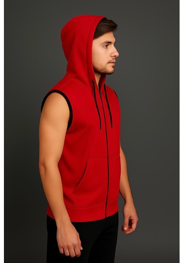 Axxel Erkek Kırmızı Fermuarlı Kapüşonlu Kanguru Cepli Kolsuz İnterlok Yelek-y1142 Kırmızı
