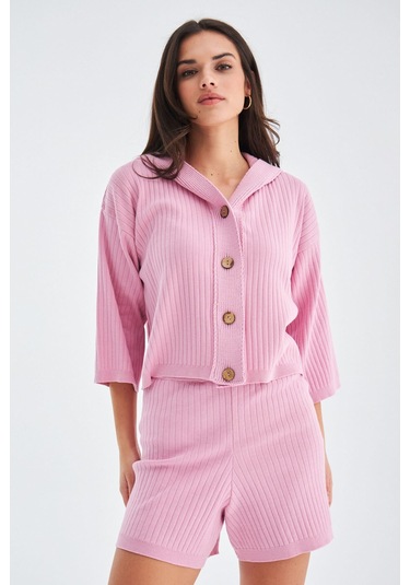 Peraluna MUJO CARDIGAN & SHORTS %100 Pamuk Kadın Triko Şort Takım Şeker Pembe