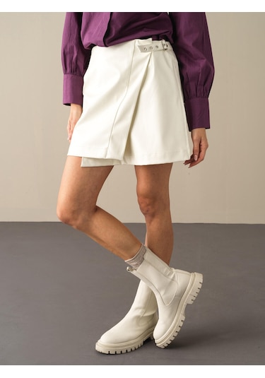 Xint Yüksek Bel Regular Fit Deri Görünümlü Etek 23KB01270368-46 Ekru