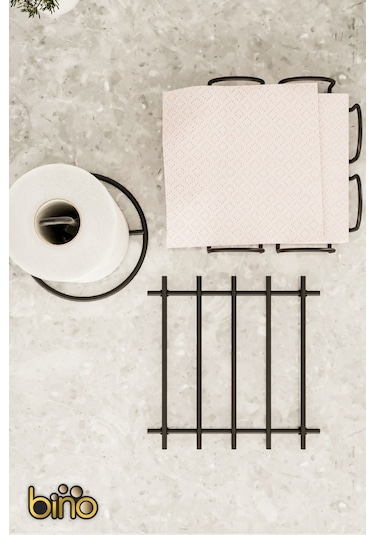 Bino Servis Sunum Seti Havluluk Peçetelik Nihale Paslanmaz Çelik Mat Siyah Metal 3 Lü Mutfak Seti