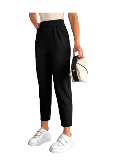 Çift Düğmeli Havuç Model Bilek Boy Kadın Kumaş Pantolon Siyah