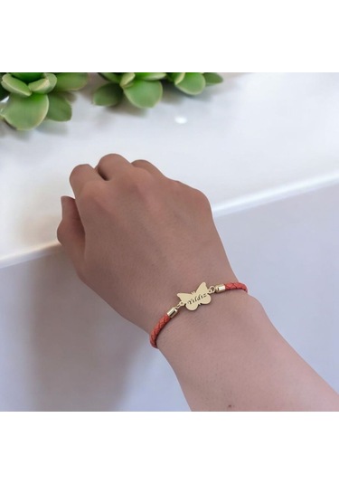 Yıldız İsmine Özel Kelebek Motifli 14 Ayar Altın Plakalı Turuncu Derili Hediye Bileklik-502isim Yıldız