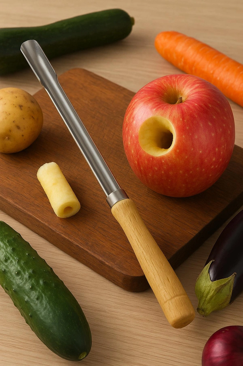 Ahşap Saplı Uzun Oyacak 24 Cm Paslanmaz Çelik Sebze Ve Meyve Oyacağı Ahşap