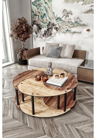 Ravilo Yin Yang 4'lü Orta Sehpa Meşe Ceviz 90 Cm Meşe Ceviz