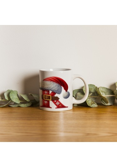 K Harfi Yılbaşı Temalı Bardak 330 Ml Harfli Kişiye Özel Hediye - Yeniyıl / Noel Şapka Tasarım Beyaz