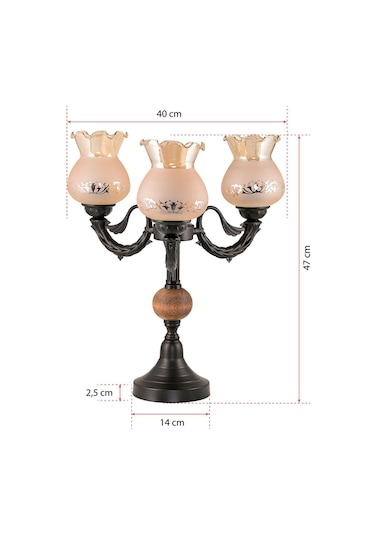 Üçlü Şamdan Masa Lambası Abajur Siyah Bal Rengi Camlı Siyah