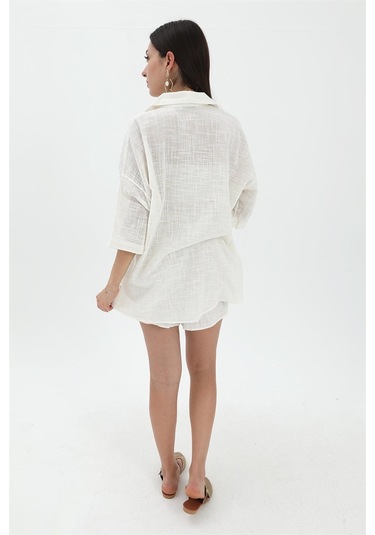 Pamuk Keten Şort Gömlek Kadın İkili Takım - Ekru-ekru Ekru