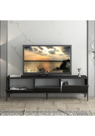 Wood'n Love Etna Premium Metal Ayaklı Dolaplı 160 Cm Tv Ünitesi - Wood Siyah / Siyah