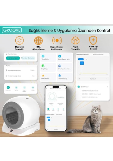Groove Q-clean Wi-fi Otomatik Akıllı Kedi Tuvaleti Gri Ultra Sessiz+akıllı Sprey Koku Giderici+app Kontrol+akıllı Sensör