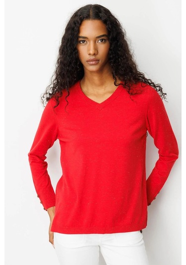 Desen Triko Kadın V Yaka Kolları Düğmeli Simli Bluz 23393 Açık Kırmızı Açık Kırmızı