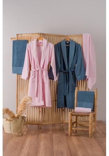 Cotton Box Jakarlı Aile Bornoz Seti Camilla Pembe-Indigo Pembe