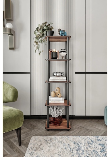 5 Katlı Dekoratif Kare Kitaplık Ceviz Ceviz