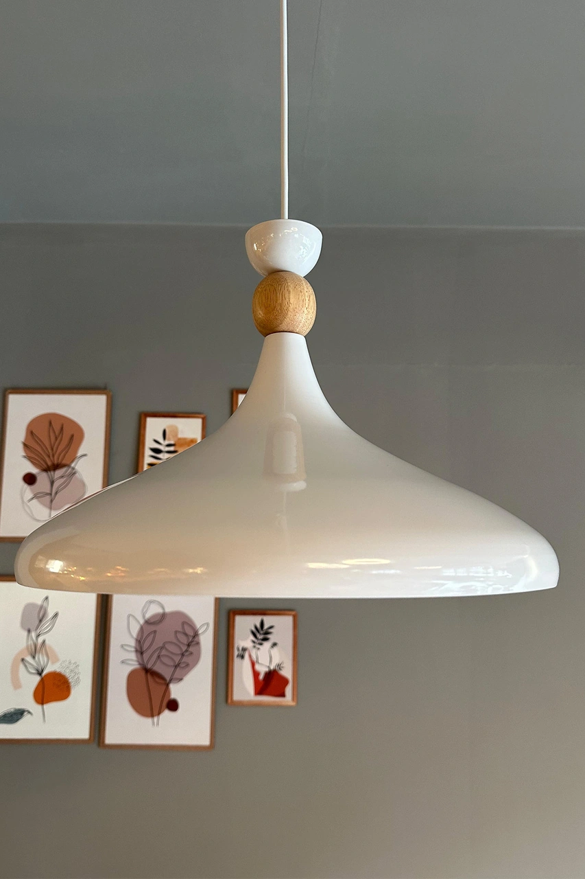 Beyaz İç Beyaz Ahşap Şapka Tekli Avize Sarkıt Salon Mutfak Cafe Butik Lamba Aydınlatma Avizeler Beyaz - Beyaz