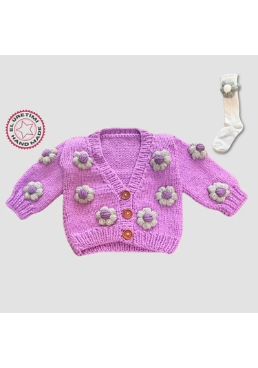 Uretti - Gülnur 2184 - El Örgüsü Çiçek Motifli Çoraplı Kız Çocuk Hırka 4 Yaş - Mor Mor