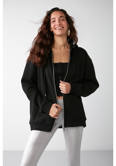 Alena Kadın Basic Kanguru Cepli Oversize Organik Pamuk Fermuarlı Kapüşonlu Siyah Sweatshirt