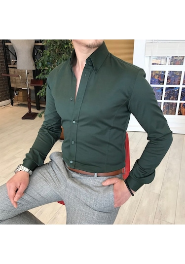 Italyan Stil Slim Fit Dik Yaka Saten Erkek Gömlek Yeşil T4743