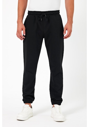 Kalın Siyah Erkek Eşofman Altı Jogger Arka Cepli Lastik Paça Regular Fit Şardonsuz Cmreo96 Siyah