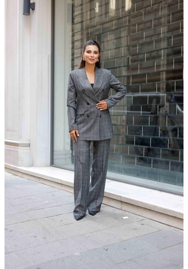 6 Düğmeli Kruvaze Ekose Takım Gri Gri