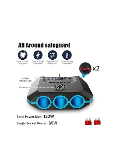 Boatshop1 7si 1 Arada Premium Araç Şarj Adaptörü Siyah 120w Hızlı Şarj 3 Priz 4 Usb Qc3.0 12 24v