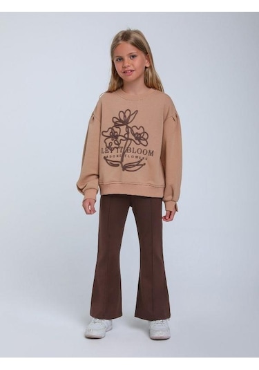 Kız Çocuk Çiçek Nakışlı Sweatshirt-14248 Kahverengi