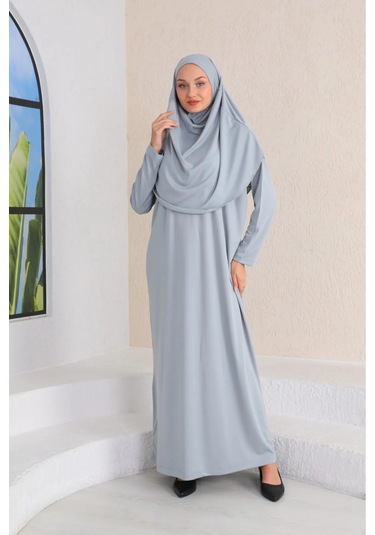 Tek Parça Namaz Elbisesi Gümüş Gri-21002 Gül Kurusu