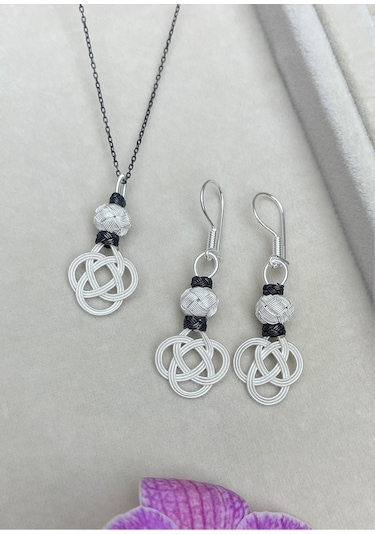 Gümüş Kazaziye Şems Düğümü Kolye Küpe Set - Set09