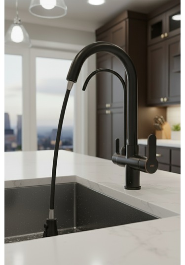 0650 Arıtmalı Spiralli Mutfak Bataryası Siyah Beyaz Krom Gold Renk Siyah