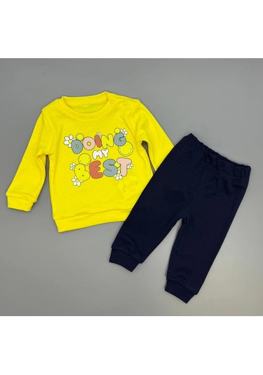 Kız Bebek Baskılı Çıt Çıtlı Alt Üst İkili Gündelik Takım 6-18 Ay Sari