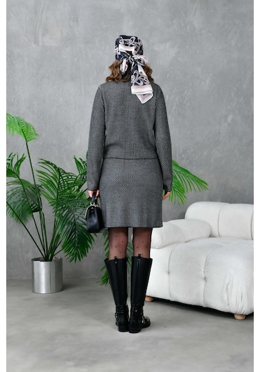 Kadın Düğme Detay Etekli İkili Triko Takım Siyah