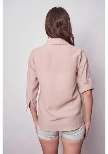 Kadın Keten Düşük Omuzlu Yakalı Kapri Kol Apoletli Gömlek -taş Taş