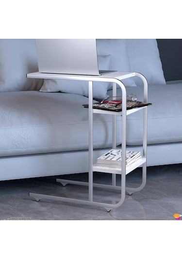 Modilayn C Yan Sehpa Dar Boy Tekerlekli Çalışma, Atıştırmalık, Yemek, Laptop Sehpası Beyaz Desenli Beyaz