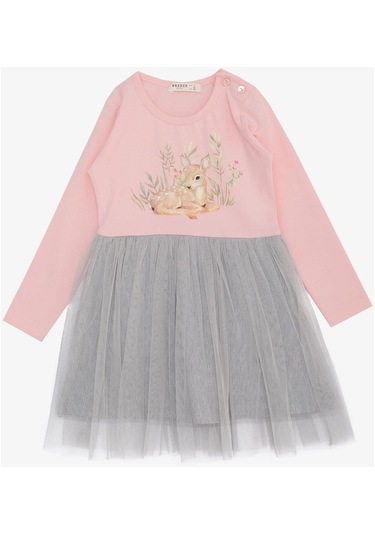 Breeze Kız Çocuk Uzun Kollu Elbise Çiçek Desenli Sevimli Ceylancık Baskılı 1.5-5 Yaş, Pembe-pembe Pembe